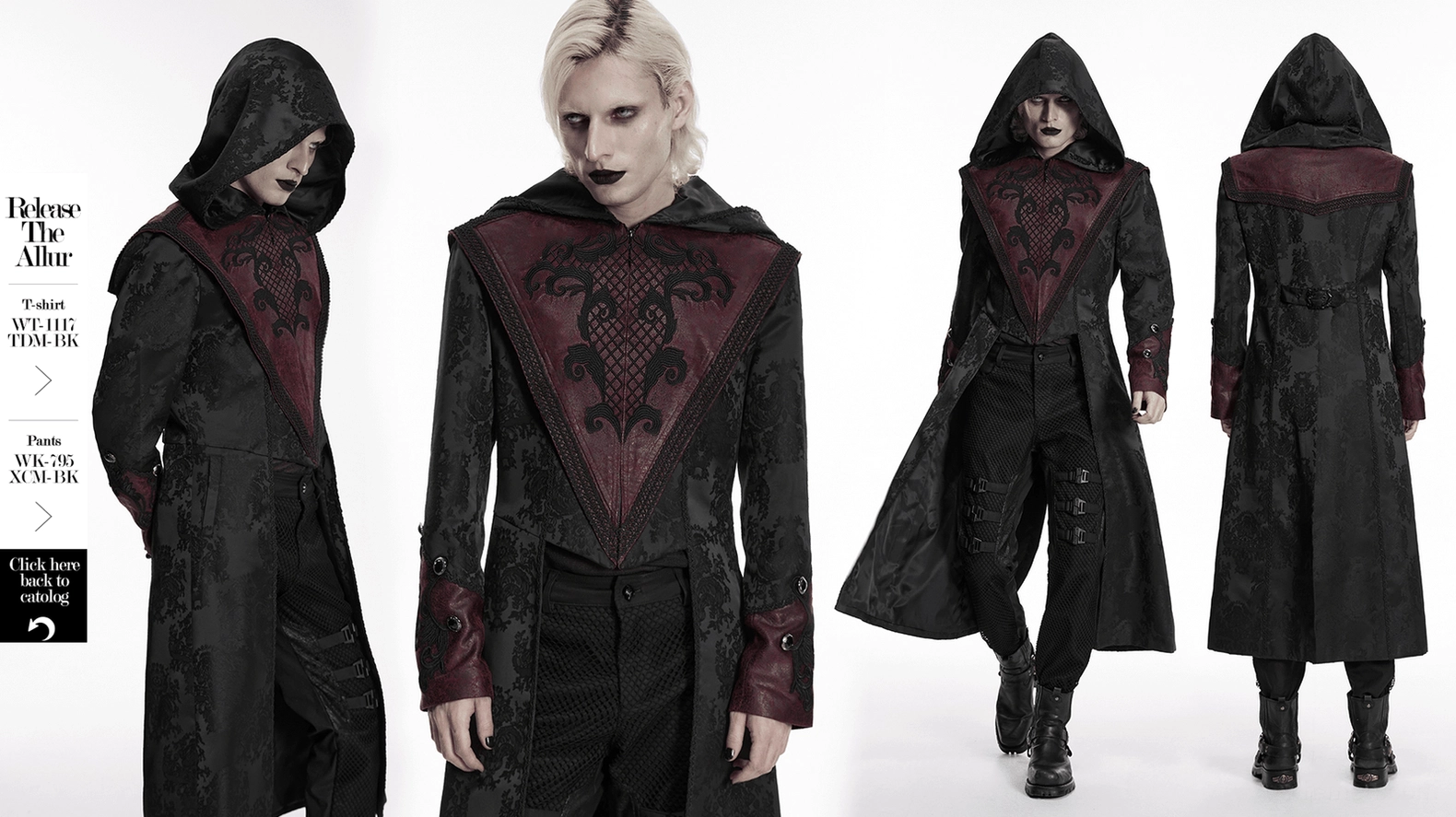 Gothic hooded coat back view, burgundy and black jacquard, leather yoke, embroidered pattern, metal waist belt, long length