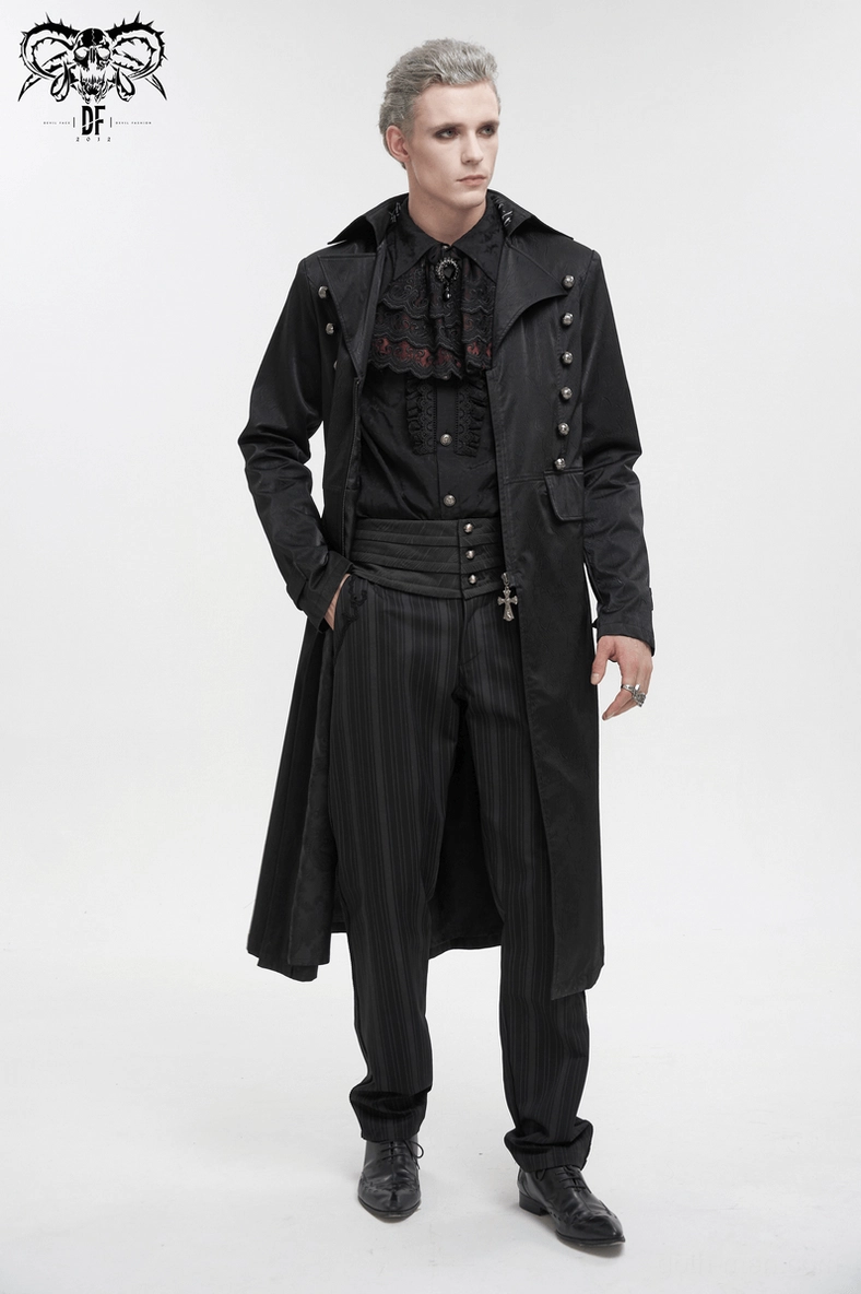 Ornate gothic coat back detail showing split hem and structured fit design
