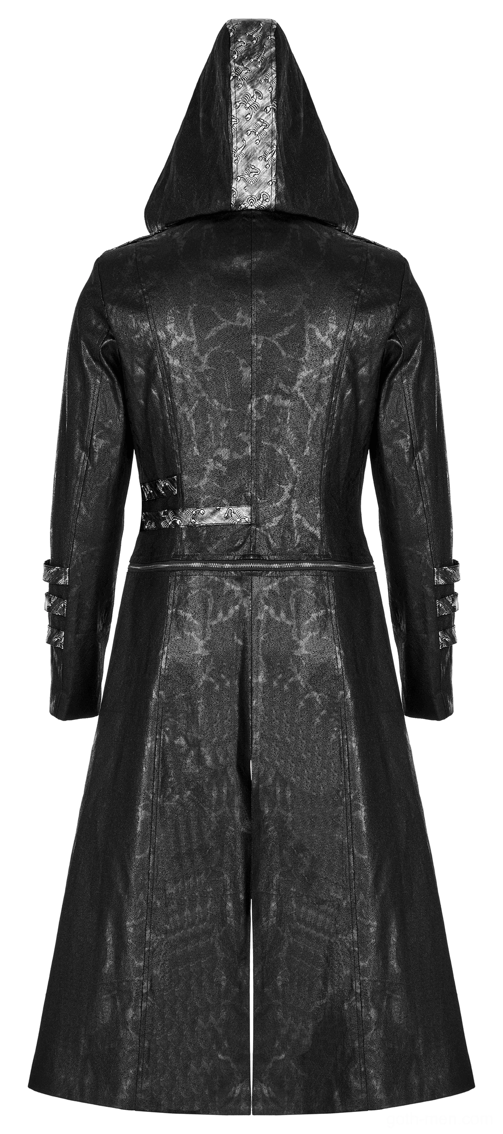 Gothic black coat back flat lay view showing waist belt detail and seamless tailoring