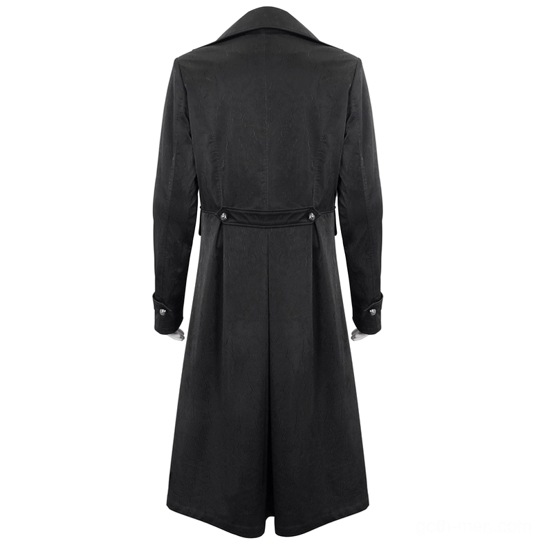 Black leather gothic coat rear view on mannequin displaying waist belt buckle and split hem back