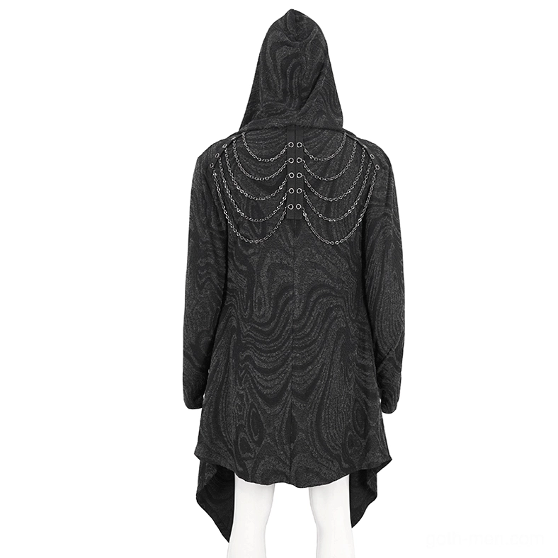 Back perspective of gothic hooded long coat on mannequin with chain ornament and asymmetric hem