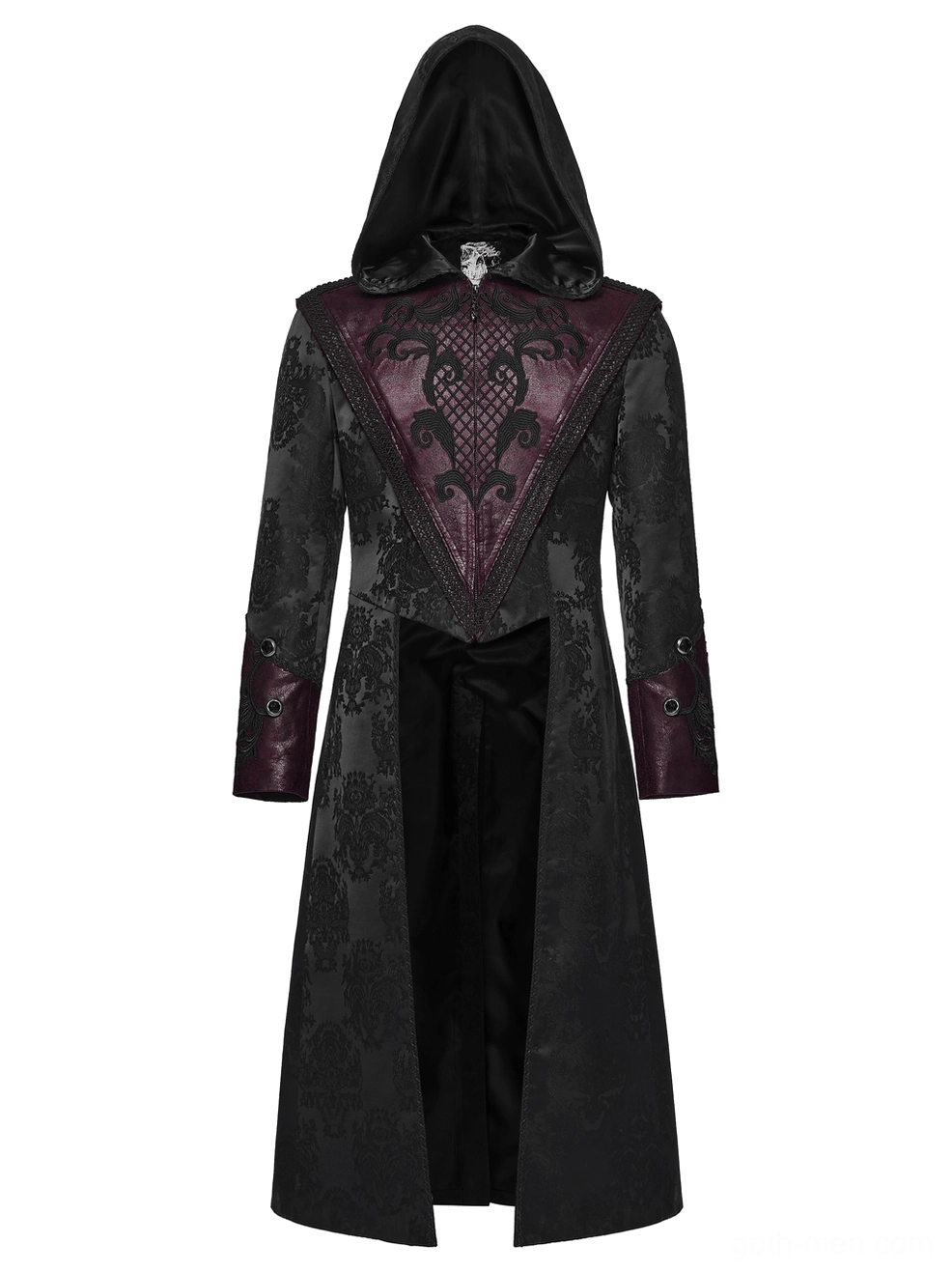 Gothic hooded coat back panel flat lay, embroidered chest detail, leather shoulder trim, long coat length, split hem construction