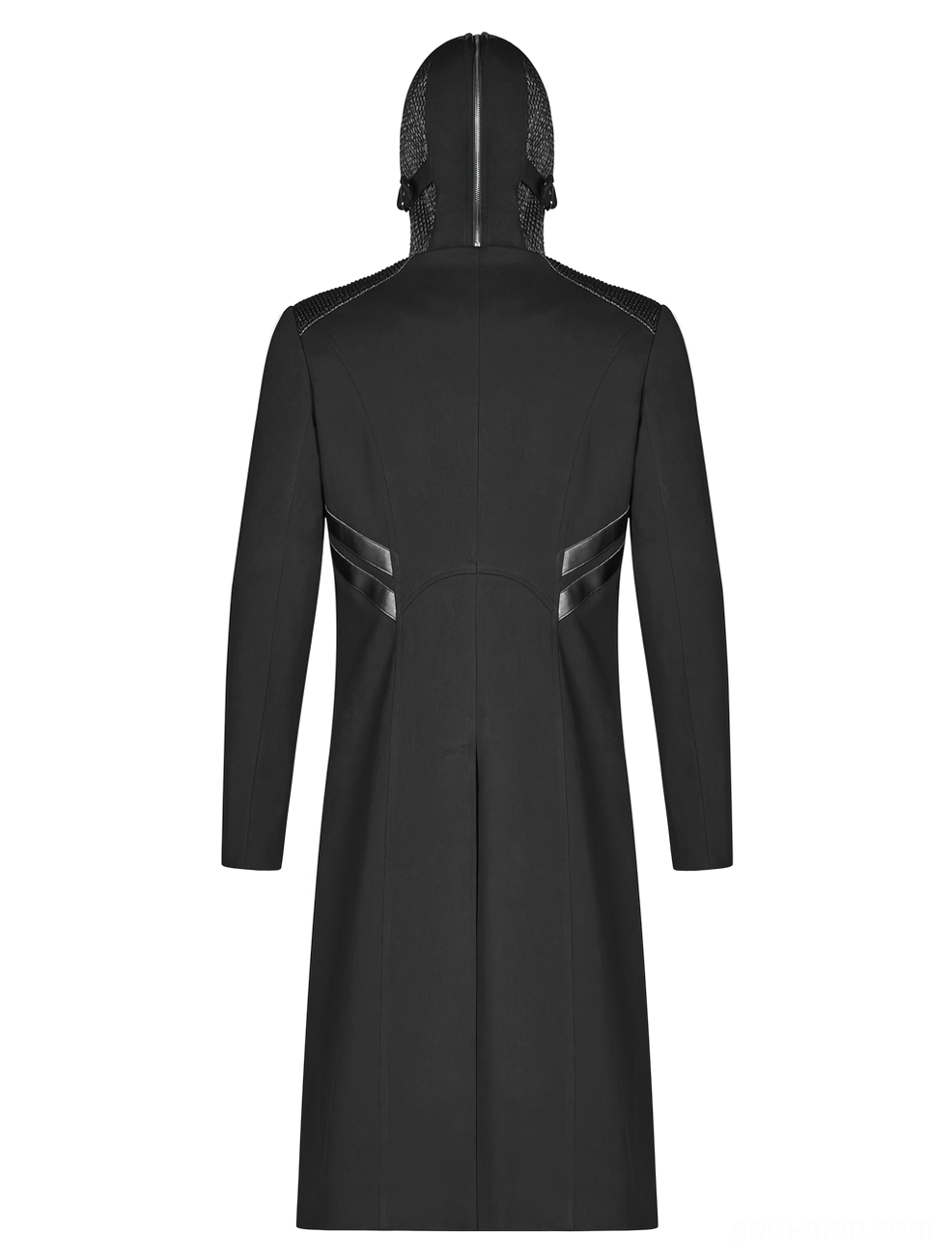 Back view of black gothic long coat highlighting back seam details, leather waist trim and hooded design
