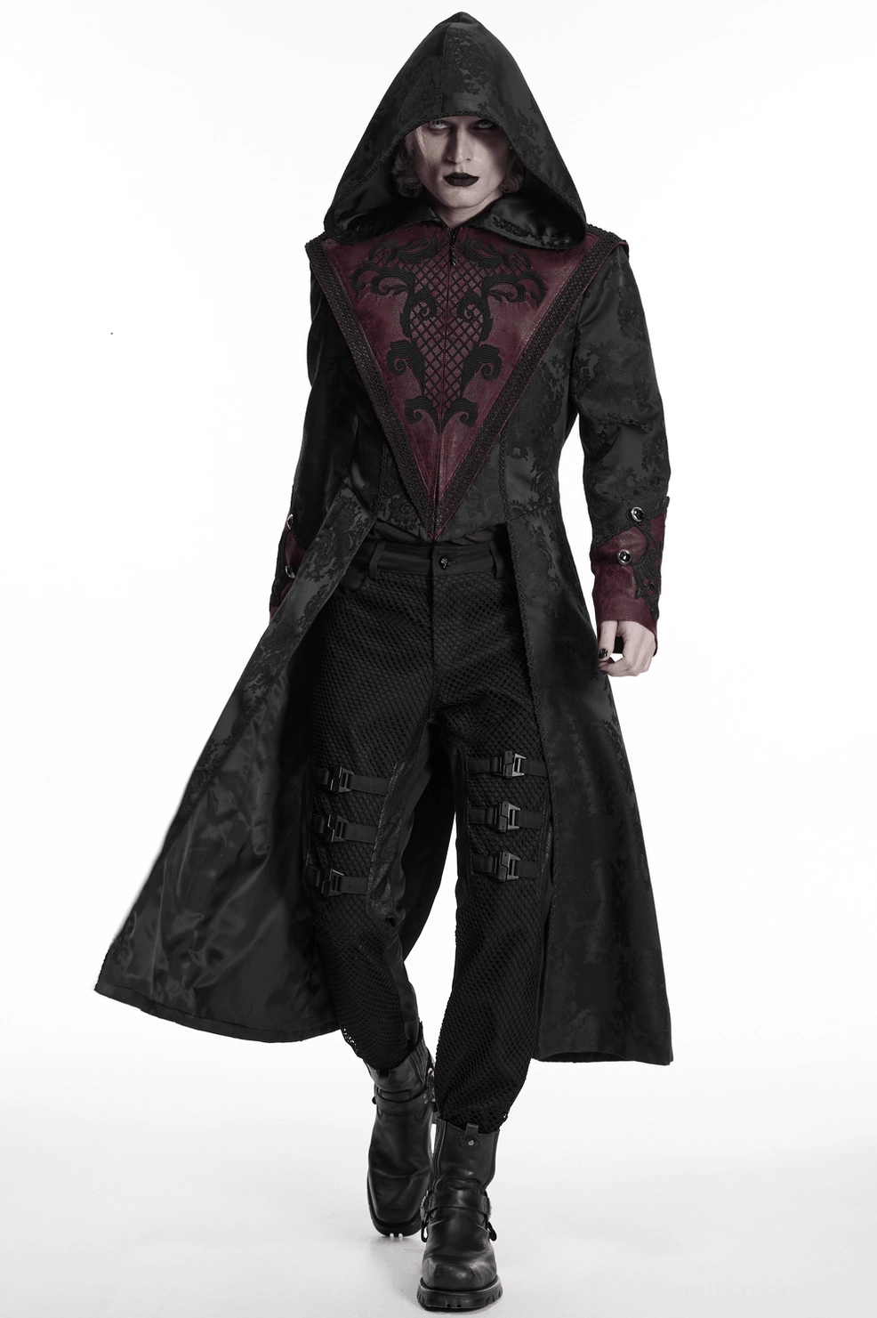 Gothic coat back and side profile, hooded construction, dramatic length, alternative aesthetic, full outfit styling view