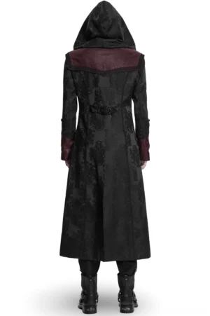 Gothic jacquard hooded coat back view, damask woven fabric, leather yoke panel, metallic waist belt buckle, dramatic split hem design