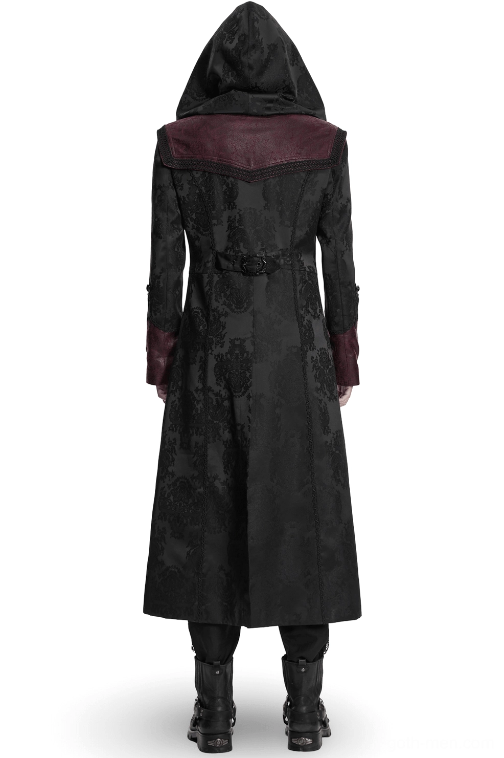 Gothic jacquard hooded coat back view, damask woven fabric, leather yoke panel, metallic waist belt buckle, dramatic split hem design