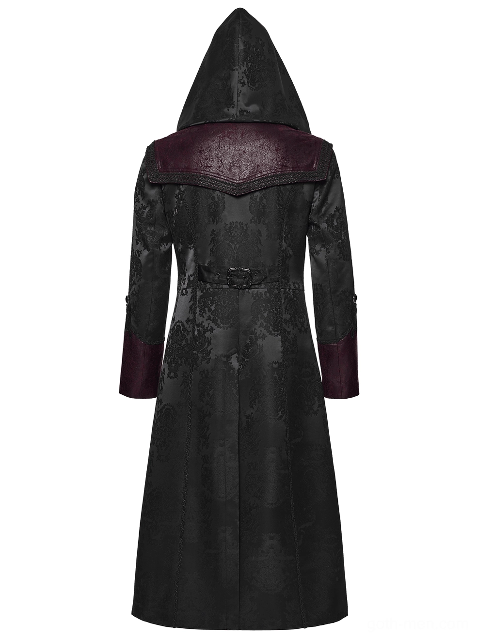 Gothic jacquard coat back panel, metal buckle waist belt with ornate carved detail, leather yoke construction, long coat proportions