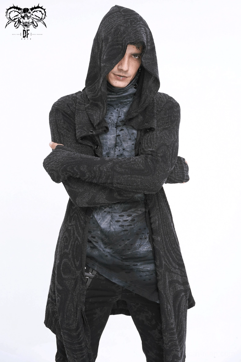 Alternative angle showcasing multi-chain back decoration on gothic hooded coat