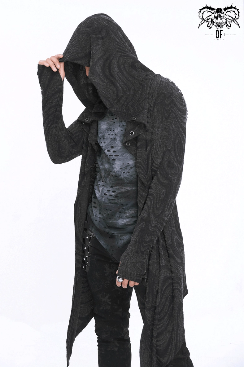 Rear angle highlighting chain placement and bat-wing hem asymmetry of gothic coat