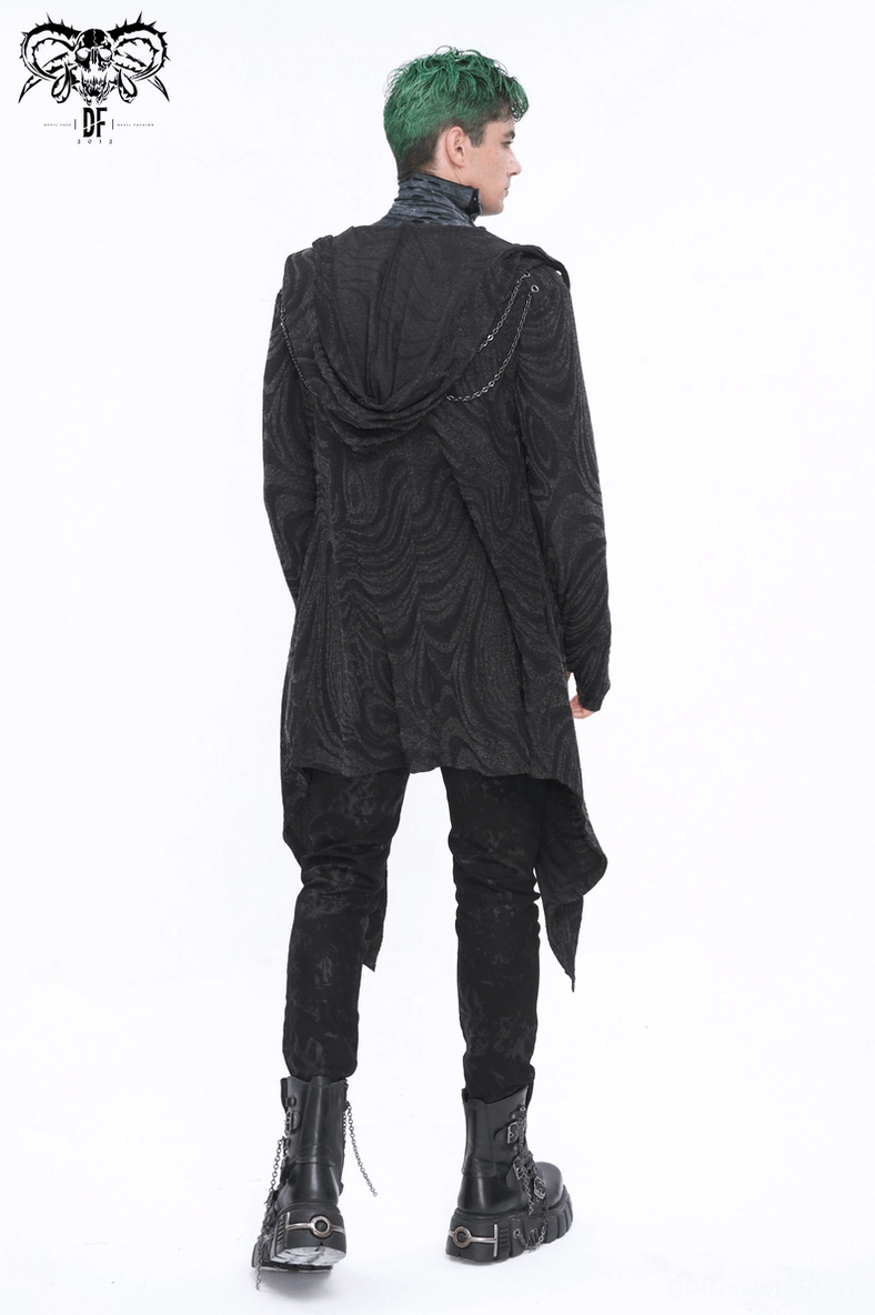 Detail shot of gothic coat chain work and back panel asymmetric styling