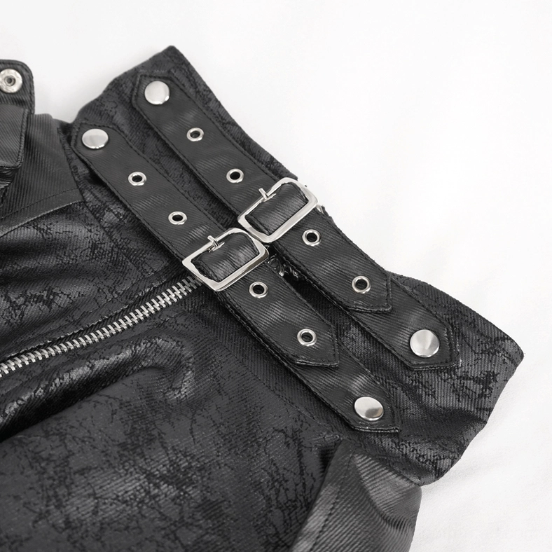 Gothic coat collar and placket detail featuring dual buckle straps, metal snap buttons, zipper placket, and black cracked leather construction
