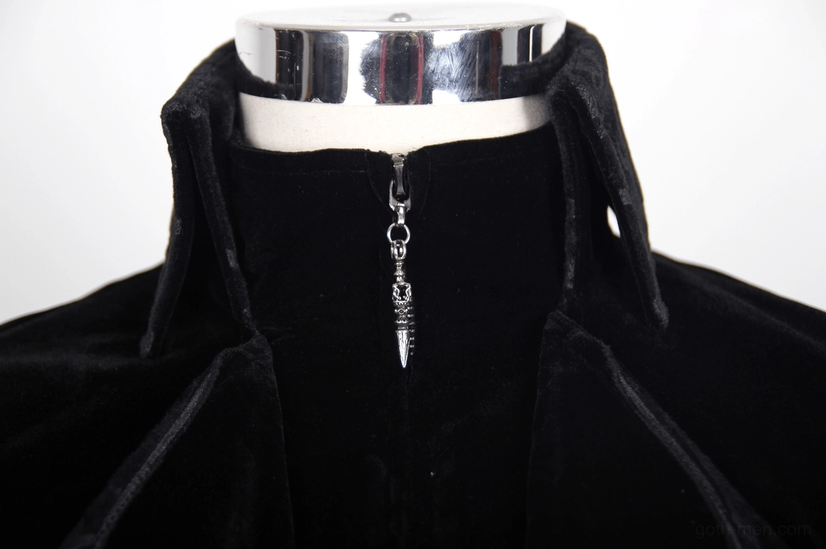 Close-up of gothic coat collar featuring double layers, zipper with metal pendant detail, and black velvet texture