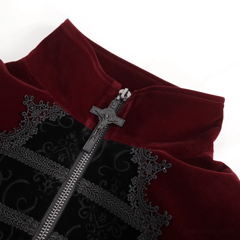 Close-up of gothic coat collar and cross-shaped zipper puller with black lace embroidery on wine red velvet
