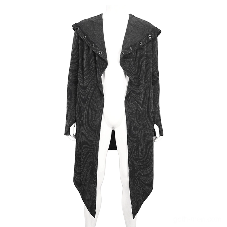 Front close-up of gothic coat displaying wide lapel collar with snap fasteners and cuff details