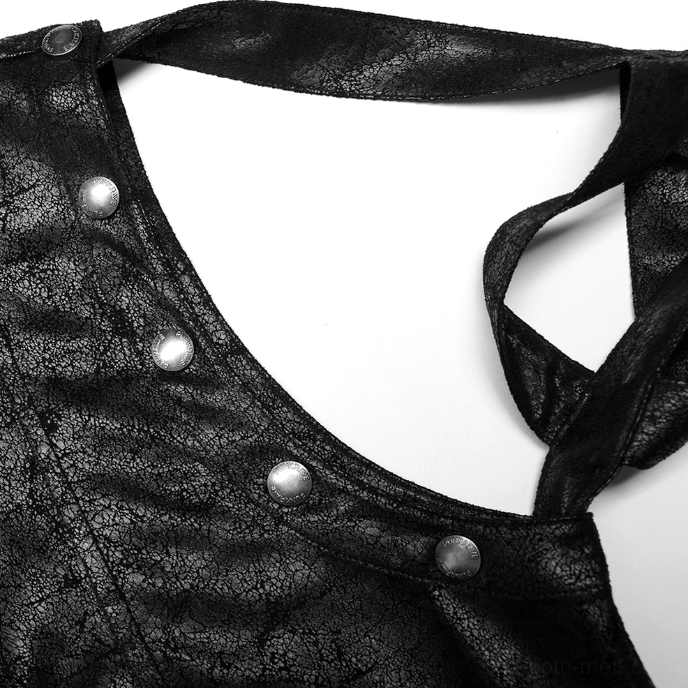 Close-up of gothic coat stand collar showing metal snap button hardware and cracked leather construction