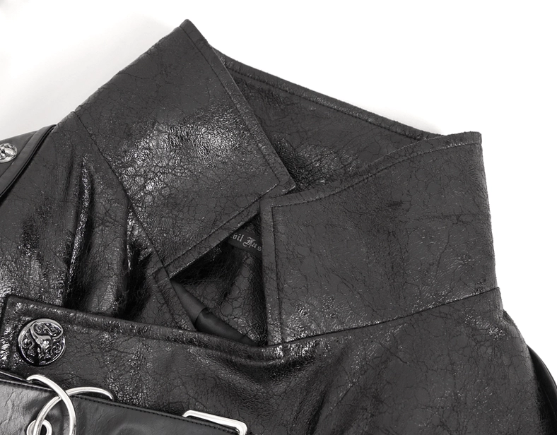 Close-up detail of men's gothic coat stand collar and center placket showing embossed cracked faux leather, metal round buttons, and strap fasteners