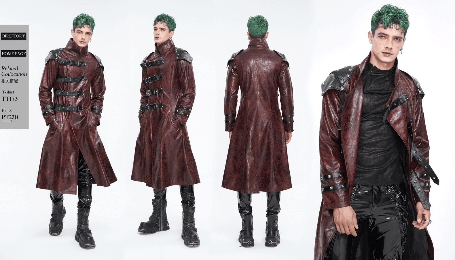 Detailed view of high stand collar and shoulder stud plating on dark burgundy gothic coat