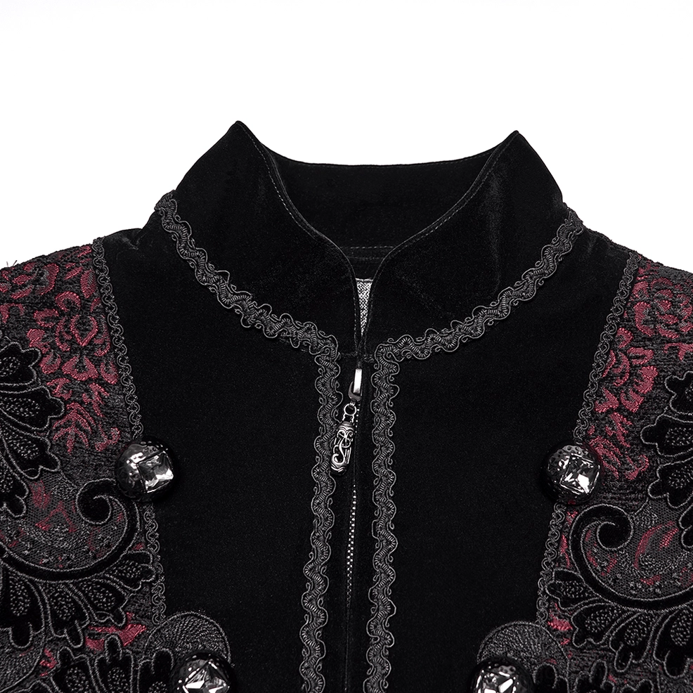 Close-up view of gothic coat stand collar with central zipper and ornate scroll embroidery trim