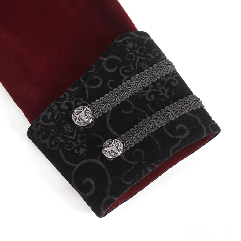 Close-up detail of wine red velvet gothic coat cuff with black embroidered lace and vintage metal decorative buttons