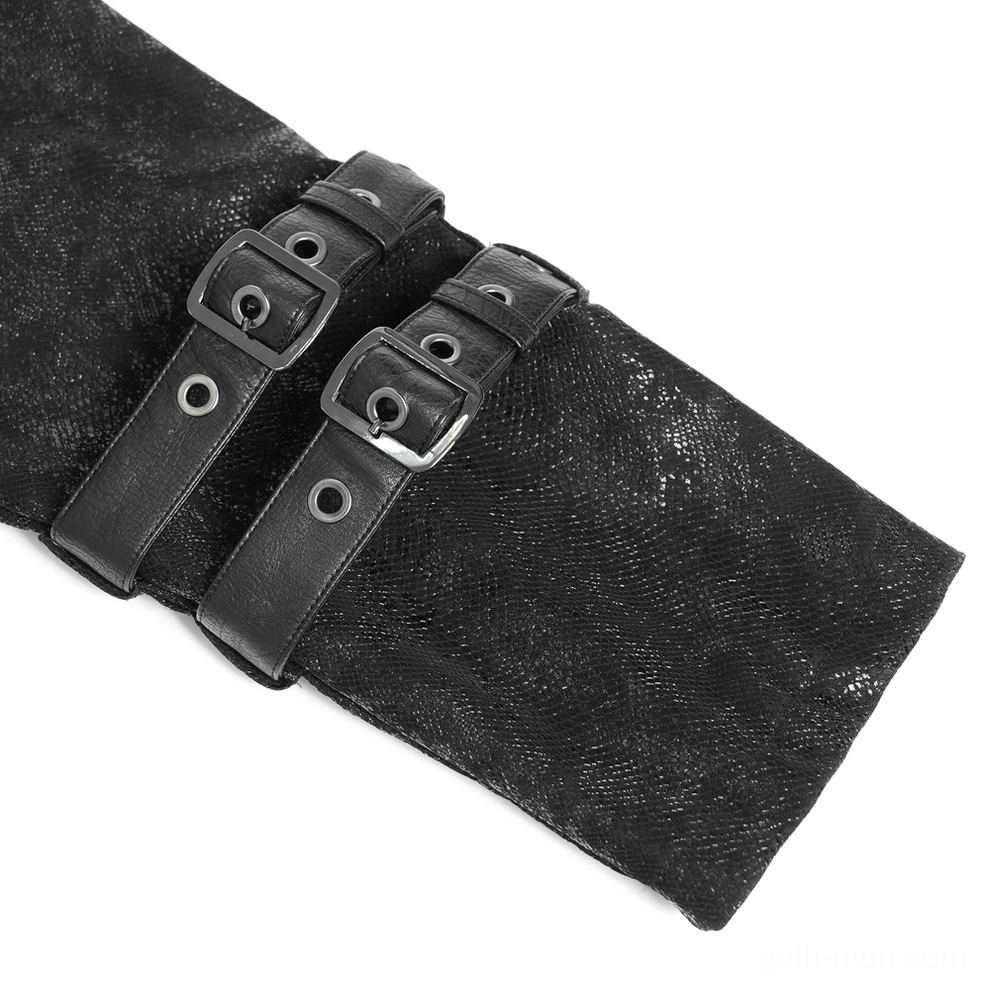 Close-up detail of gothic coat cuff hardware showing black faux leather buckle straps and cracked leather surface texture