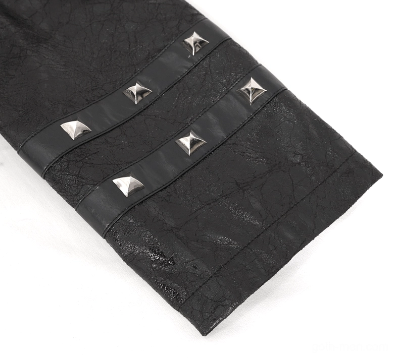 Detailed view of gothic coat cuff showing pyramid metal studs, strap decorations, embossed cracked leather texture, and hardware finish