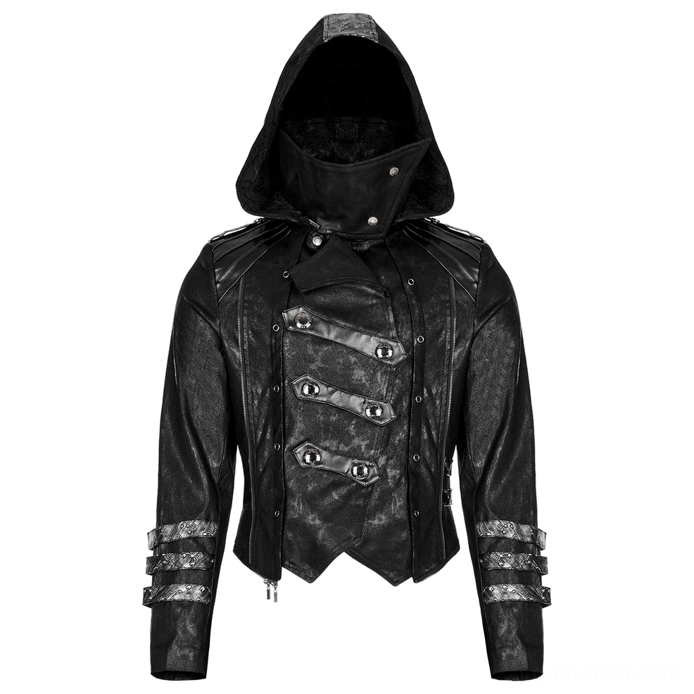 Gothic coat cuff detail showing scorpion embossed silver buckle strap and distressed faux leather