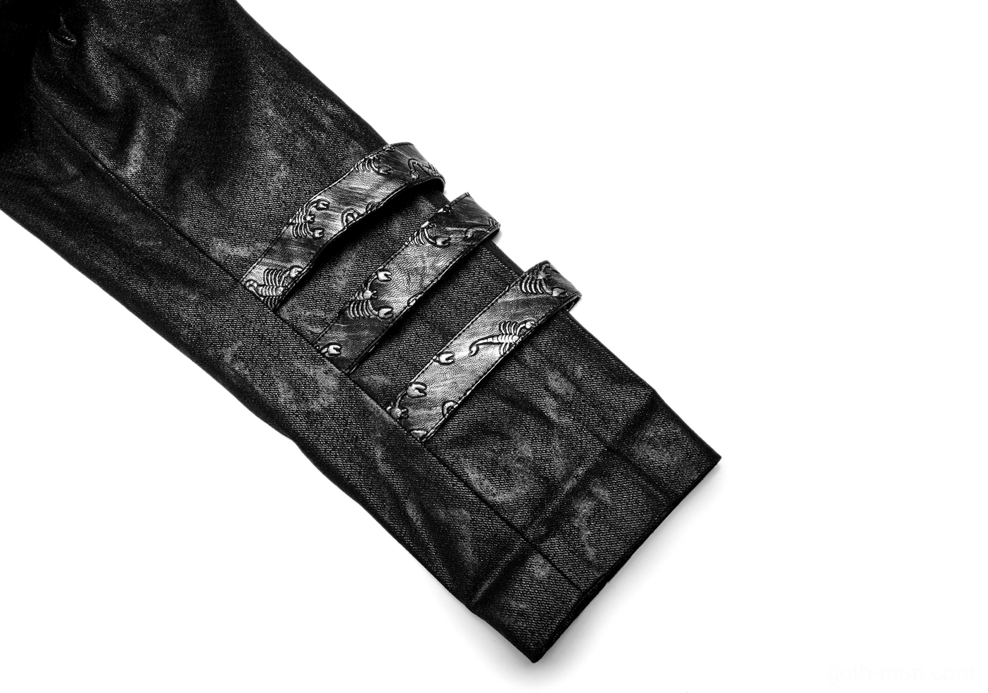 Gothic coat sleeve cuff detail showing three silver buckle straps and faux leather trim