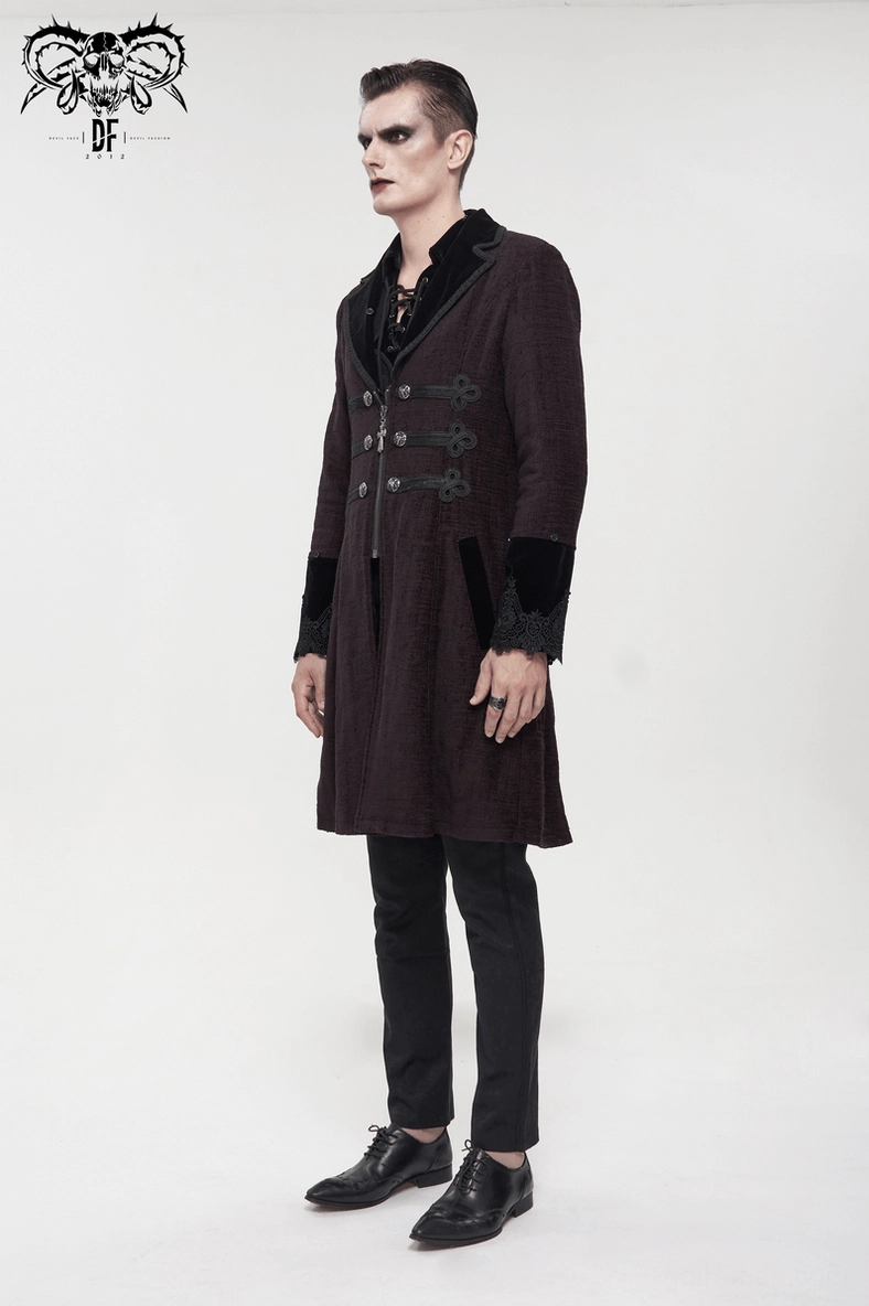 Close-up detail of burgundy gothic coat cuff showing velvet panel and delicate floral lace trim accent