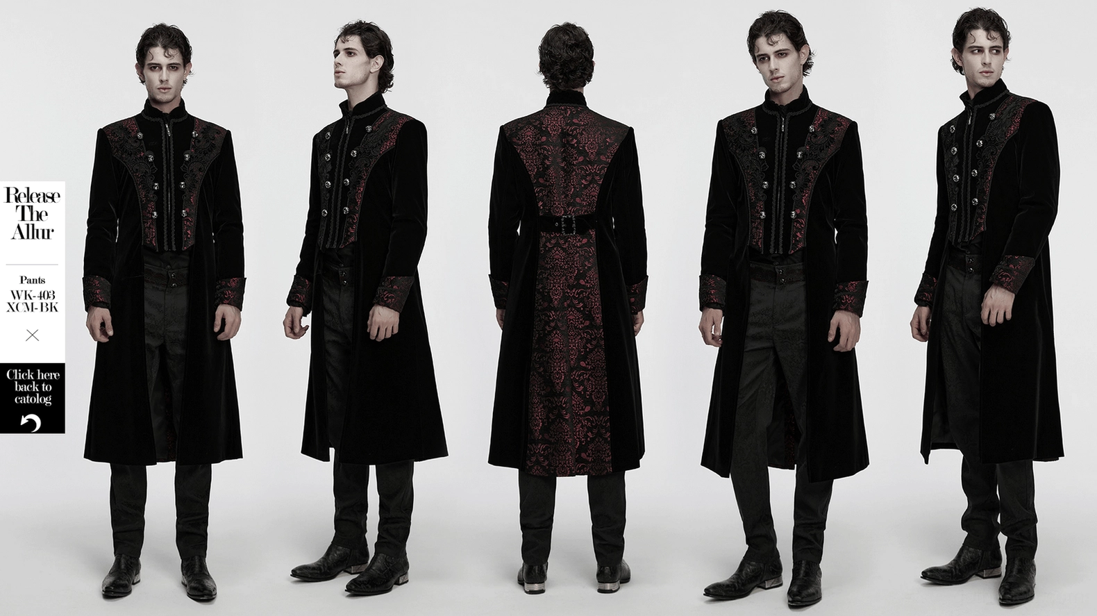 Product detail shot of gothic coat cuffs and edges with refined webbing and embroidered trim