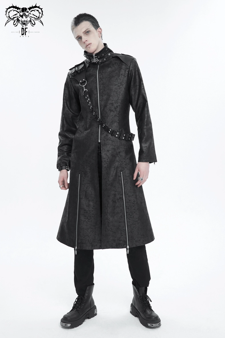 Gothic stand collar split coat detachable crossbody strap removed or detached showing modular design feature