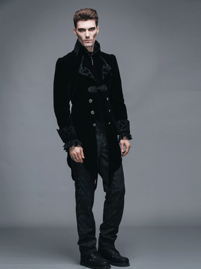 Black gothic velvet coat displaying embroidered waistband and trim work from multiple angles