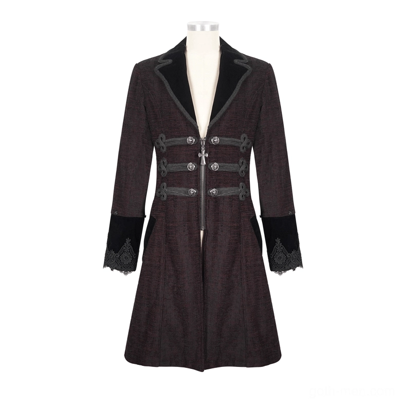 Burgundy gothic coat styled on model demonstrating how the detachable faux fur collar elevates the alternative aesthetic