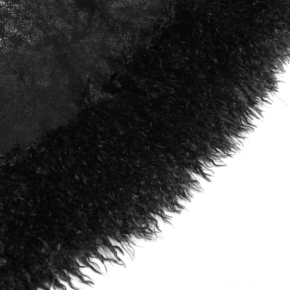 Macro detail shot of premium black faux fur trim texture contrasting with cracked faux leather base material on gothic coat