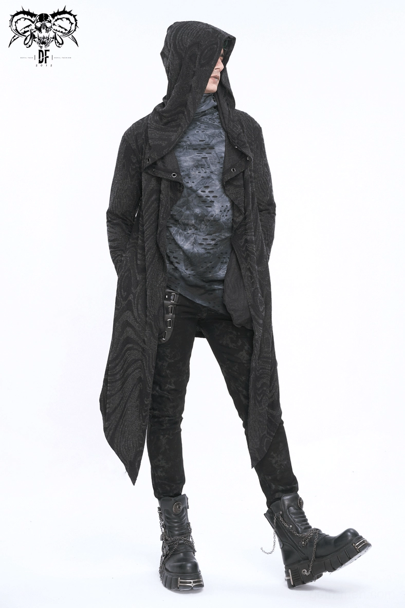 Fit demonstration of asymmetric gothic hooded coat on male model in neutral setting