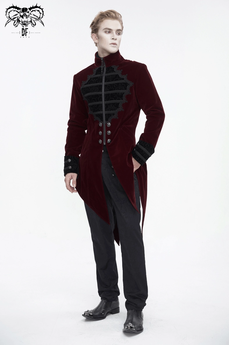 Gothic wine red cross-tail coat flat lay showing collar stand, metal buttons, and lace details on chest