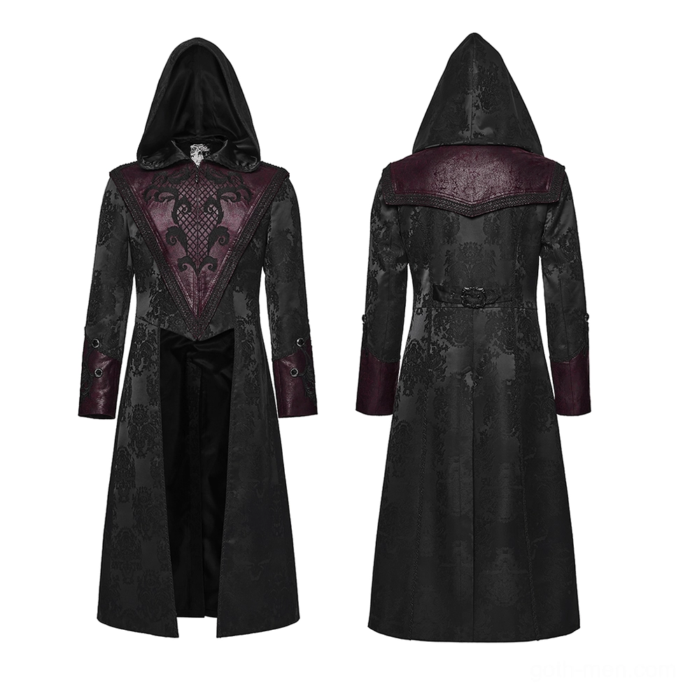 Black burgundy gothic coat flat lay dual-tone design, front and back panels, split hem, leather cuffs, embroidered detailing visible