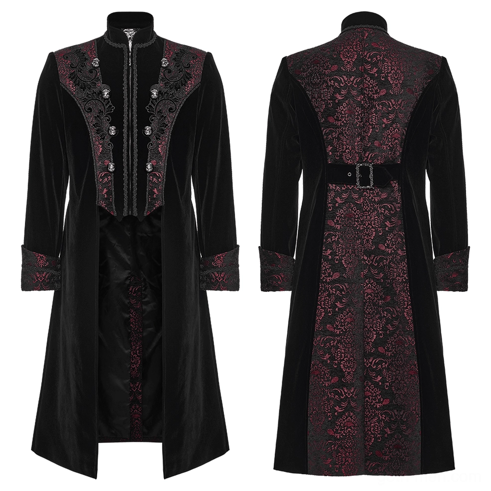 Flat lay front and back comparison of palace-style gothic velvet coat showing decorative button trim
