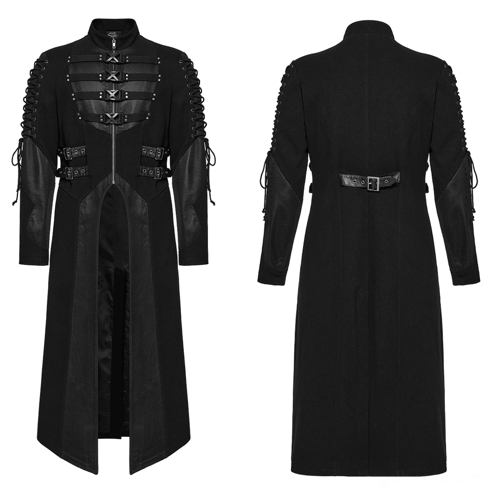 Gothic x-buckle trench coat flat lay front view showing metal buckles and mesh overlay