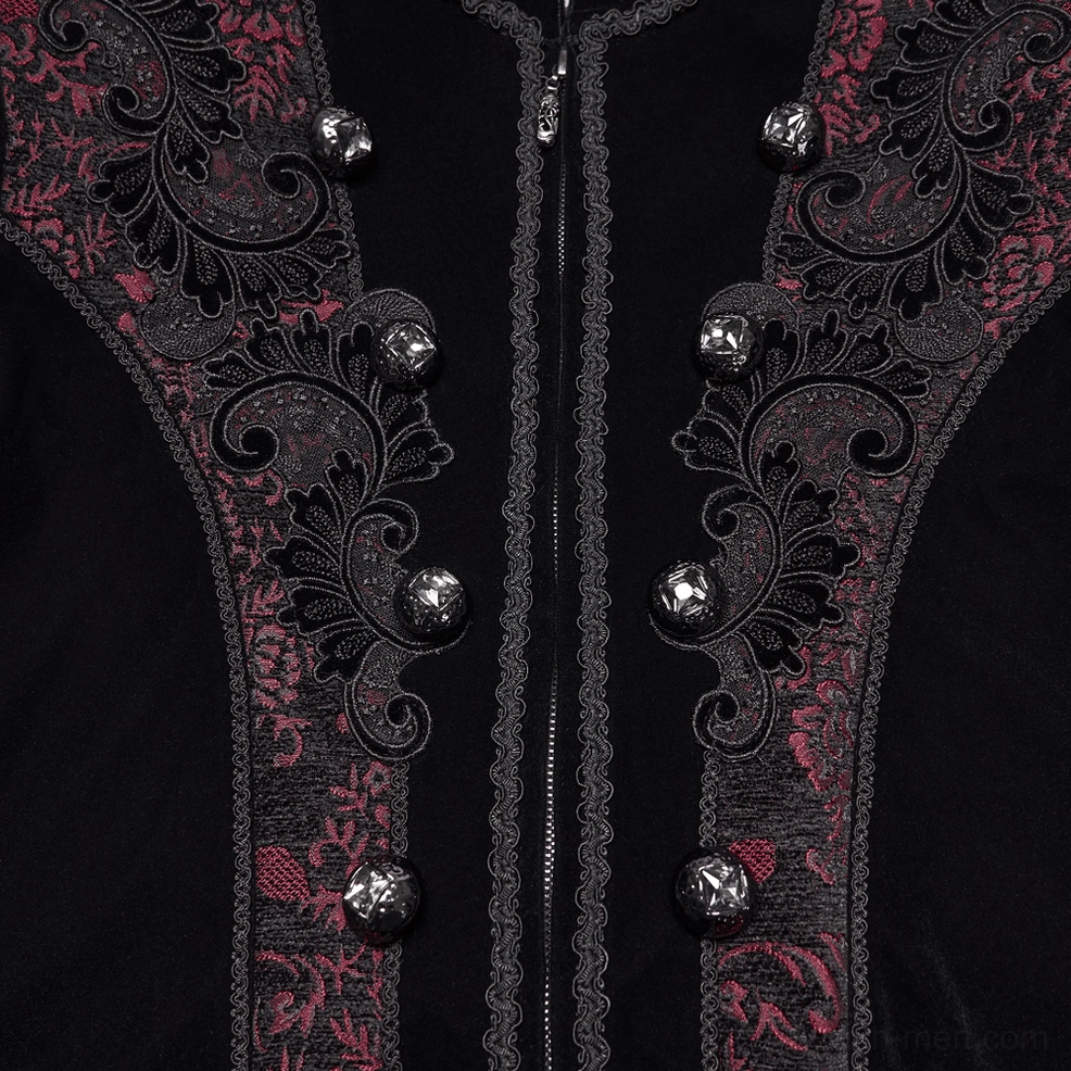 Detailed flat lay of gothic coat front embroidery featuring intricate dark red patterns and metal buttons