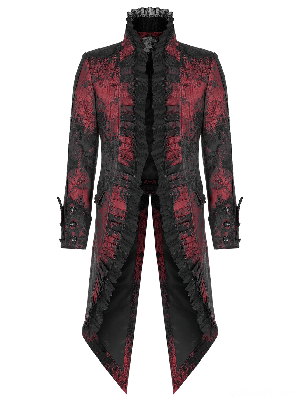 Front flat lay of gothic wine red tailcoat showing pleated lace stand collar and buttoned cuffs