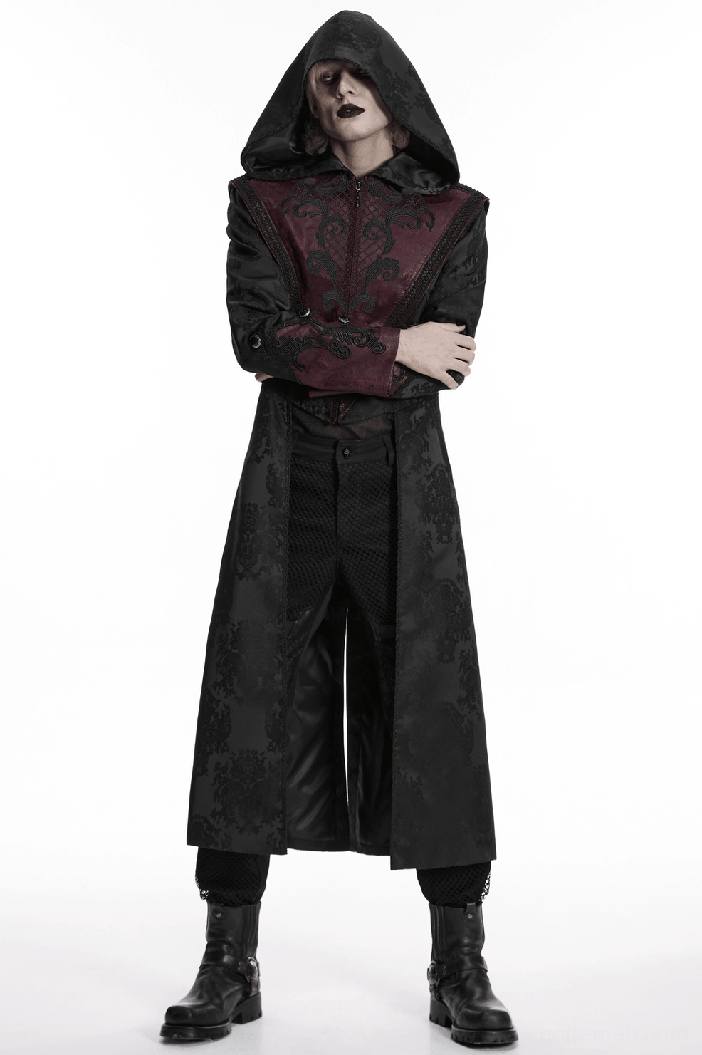 Black and burgundy gothic coat, front panel detail, inverted triangle design, embroidery work, leather cuff buckles close-up