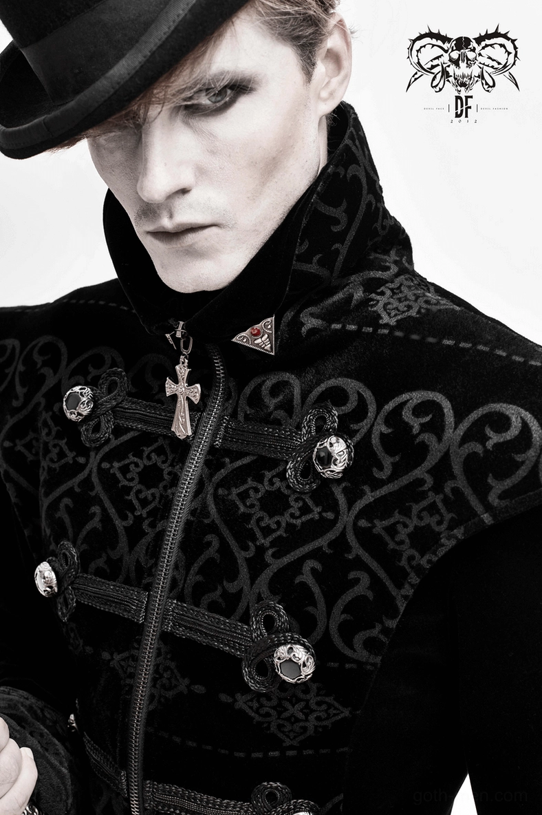 Black gothic velvet coat front panel showing full gothic embroidery design and button placement