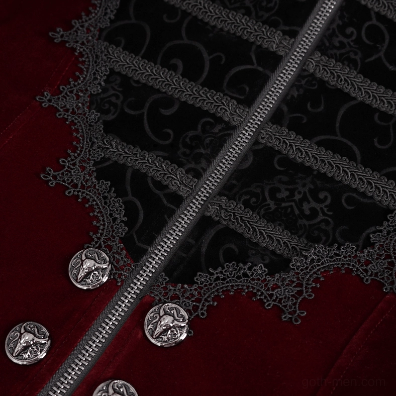 Front placket detail of wine red gothic tail coat featuring vintage metal buttons, zipper, and black lace embroidery trim
