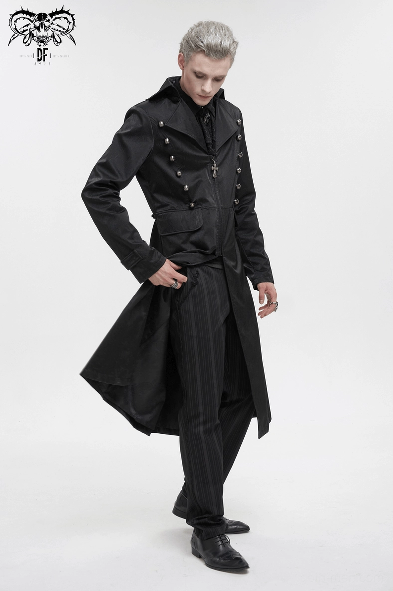 Black leather gothic coat with decorative buttons front zipper closure detail