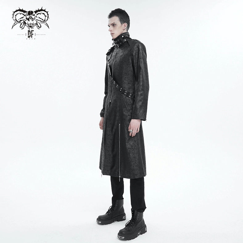 Gothic split coat front zipper track and metal hardware detail with precision snap button construction
