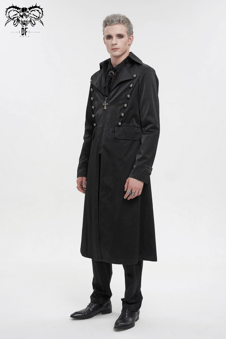 Black leather gothic coat full length side profile on mannequin showing silhouette