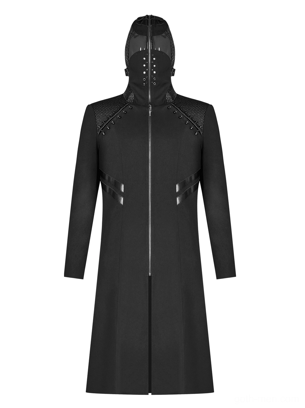 Front view of black gothic high-neck hooded coat featuring full face-covering hood and leather side panels