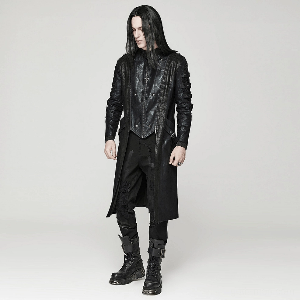 Angled view of gothic coat displaying modular hood attachment and zipper system