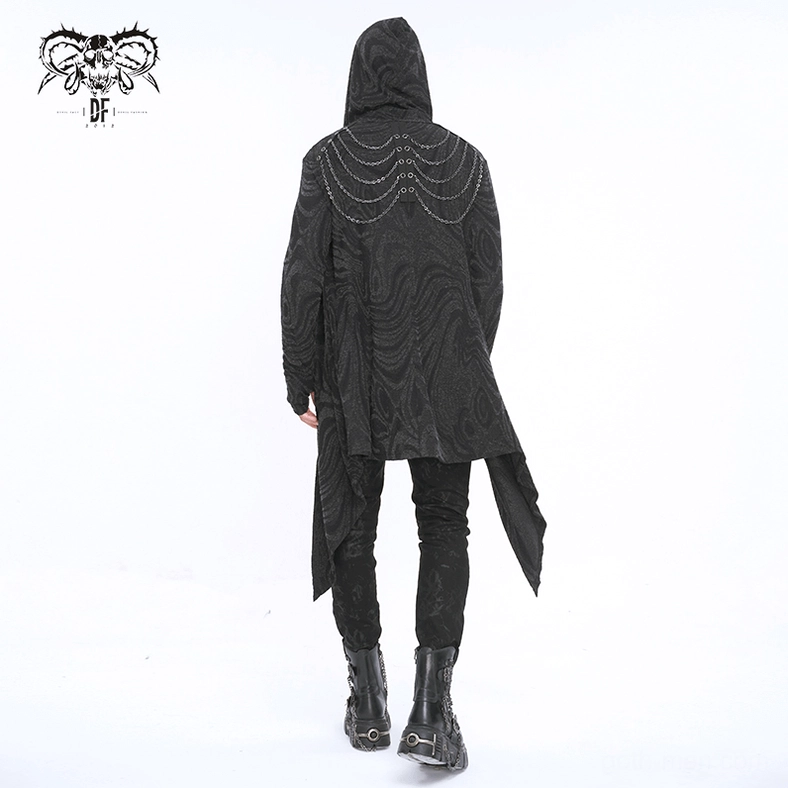 Upper body view of gothic hooded coat highlighting hood and collar construction