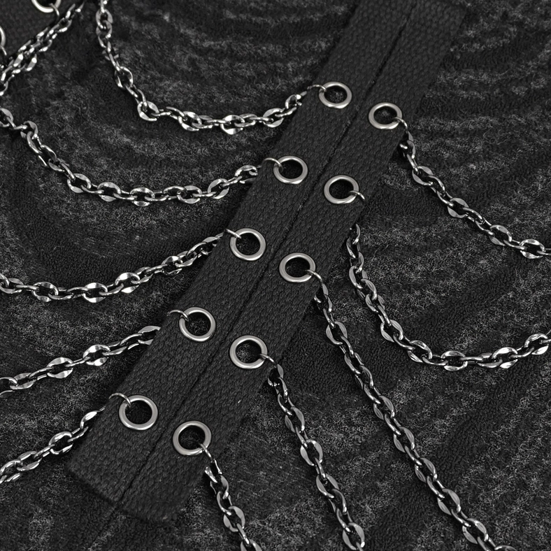 Detailed view of gothic coat hood and shoulder construction showing asymmetric design